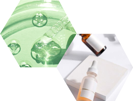 Two hexagon-shaped images cropped to show beauty bottle serums and a close-up of a serum with clear liquid on a green background.