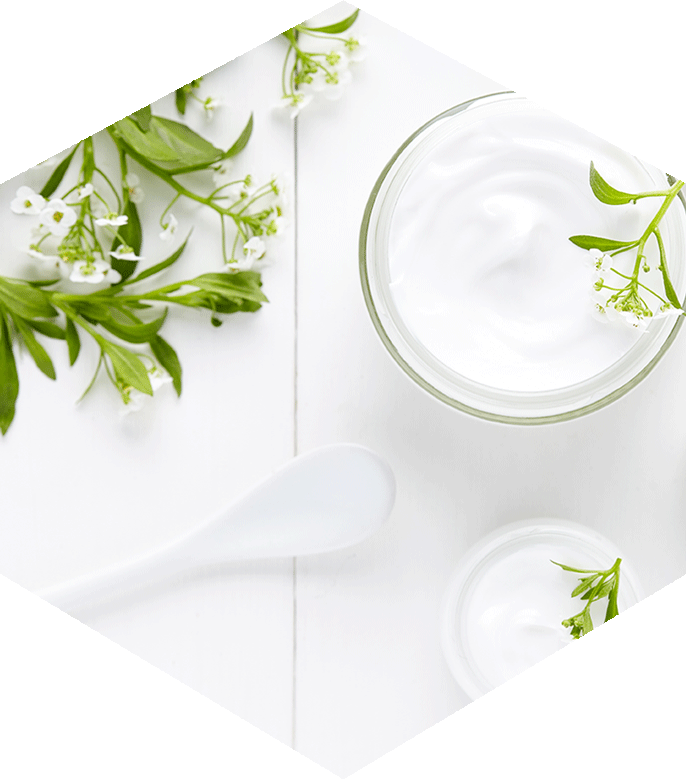 Cropped hexagon showing a plant ingredient alongside petri dishes containing white creams or premium ingredients.