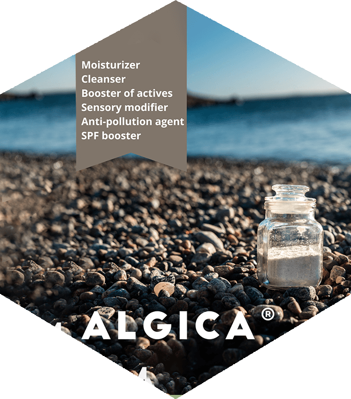 Hexagon-shaped image showing pebbles beneath the ocean with a bottle containing algica ingredient as the main subject.