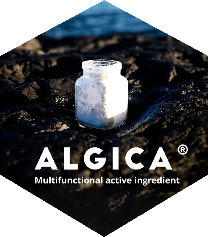 Cropped hexagon shape showing an image of a bottle on glass, possibly containing white powder with Algica ingredient. Text overlay on hexagon says 'ALGICA multifunctional active ingredient'.
